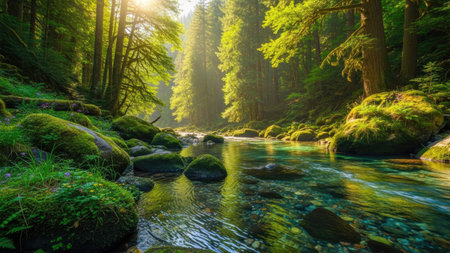 A vibrant image depicts a river meandering through a dense forest, illuminated by radiant sunlight. The scene features lush green foliage, moss-covered rocks, and clear water reflecting the natural light. This visually appealing composition might be suitable for various editorial or commercial purposes related to nature and environment.の素材