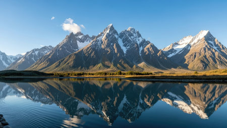 A scenic landscape showcases a towering mountain range with snow-covered peaks, reflected in the still waters of a lake. The composition is marked by a clear blue sky, emphasizing the natural beauty of the environment. The image is suitable for various commercial uses, including travel brochures and environmental publications.の素材