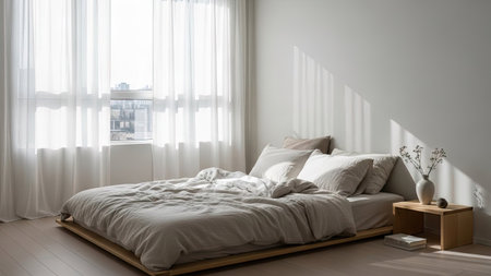 A well-lit bedroom showcases a simple bed with soft bedding. The scene is bathed in natural light filtering through sheer curtains. The composition highlights the minimalist design with a focus on textures and tones. This image is suitable for various commercial purposes, including interior design and lifestyle themes.の素材