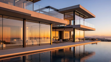 A contemporary residential structure features expansive glass walls, a flat roof design, and a serene swimming pool. The scene is bathed in warm, golden sunlight during the sunset. This visual can be suitable for architectural, real estate, or lifestyle-related advertising and editorial purposes.の素材
