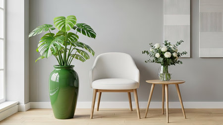 An indoor scene showcases a large green Monstera plant in a vase next to a white chair and a small wooden table. A bouquet of white flowers sits on the table. The image features natural light and a minimalist design. Suitable for interior design, home decor, or lifestyle projects.の素材