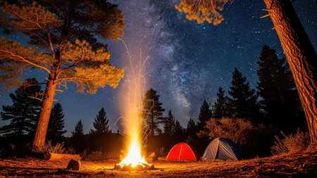 A nighttime scene showcases a glowing campfire with two tents in a forest setting. The image uses warm and cool tones, with fire's light contrasting with the starry sky. Tall trees and silhouettes add depth. This imagery is suitable for editorial or commercial projects related to camping and outdoor recreation.の素材