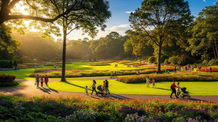 A group of people are walking through a park on a sunny day. The scene shows vibrant green grass, trees, and colorful flowers under a bright sky. The image features a composition that could be used for various commercial or editorial applications.の素材