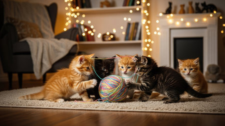 Several young kittens gather around a colorful ball of yarn in an interior setting. Warm lighting illuminates the scene, highlighting the kittens' fur. The composition includes a rug, a bookshelf, and string lights, suggesting a cozy indoor environment suitable for various commercial uses.の素材