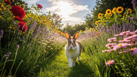 A rabbit walks along a grassy path, framed by vibrant flowers in a lush garden setting. The image showcases a natural outdoor environment with a bright, overhead sunlight. This photograph could be useful for various commercial applications or editorial content.の素材