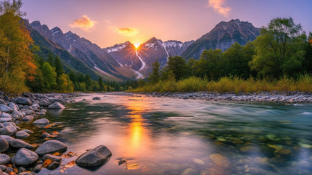 A picturesque river flows towards distant mountains under a dramatic sunset sky. The scene showcases a range of vibrant colors reflecting off the water. The composition highlights natural elements, potentially suitable for travel, environmental, or scenic themes. The image suggests a peaceful setting.の素材