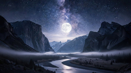 A nighttime landscape presents majestic mountains flanking a winding river beneath a brilliant moon. The scene features deep blues, silvers, and hints of purples with atmospheric fog. Ideal for use in projects related to nature, travel, or environmental themes. It's suitable for various commercial or editorial applications.の素材