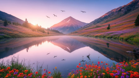 A tranquil landscape depicts a mountain lake with a distant peak. The scene presents a blend of soft colors, with birds in flight over the water. The composition showcases a peaceful environment, illuminated by sunlight. Suitable for illustrating travel, nature, or environmental topics, it is adaptable for various commercial applications.の素材