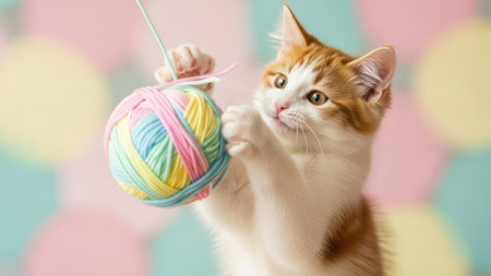 A ginger and white kitten playfully reaches for a multi-colored ball of yarn suspended in the air. The image showcases soft lighting and a shallow depth of field, with a blurred backdrop of pastel circles. Suitable for commercial projects or editorial content needing a touch of animal companionship.の素材