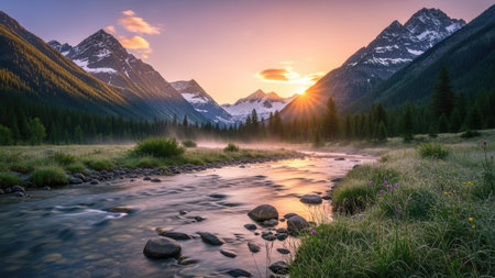 An idyllic landscape depicts a river meandering through a valley, flanked by mountains. The image showcases natural elements with vibrant colors, including greens, blues, and oranges, with a soft, warm light emanating from the horizon. The photograph could be used for various commercial or editorial purposes.の素材