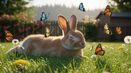 A brown rabbit rests in a vibrant meadow, encircled by numerous fluttering butterflies. The scene features lush green grass, wildflowers, and a wooden fence, suggesting an outdoor environment. Soft lighting and a warm color palette enhance the inviting atmosphere, suitable for various editorial and commercial applications.の素材