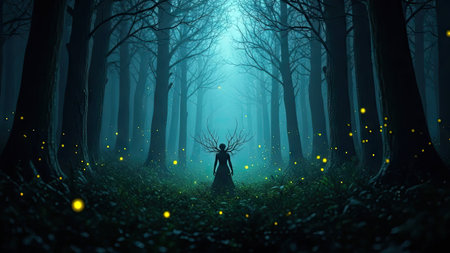 An enigmatic figure stands centered in a dark, atmospheric forest setting. The scene is illuminated by ethereal, glowing orbs and a soft, diffused light, possibly moonlight. The composition, dominated by tall trees, creates a sense of depth and mystery. Suitable for various editorial and commercial projects.の素材