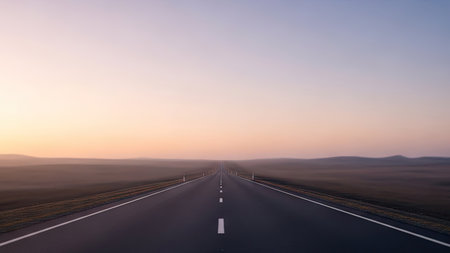 A long asphalt road stretches into the distance, framed by a soft, pastel-colored sky and subtle landscape. The composition focuses on perspective, with a central vanishing point. This image uses light and shadow, and could be used for travel, transportation, or conceptual design projects.の素材