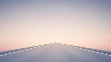 An empty road stretches into the distance, converging towards the horizon under a soft, gradient sky. The smooth asphalt contrasts with the airy expanse above. The minimalist composition, featuring a symmetrical arrangement, suggests themes of travel, exploration, and potential. Suitable for concepts of direction and future.の素材