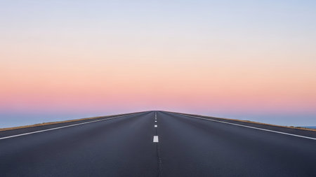 An empty road stretches towards the horizon, framed by a soft gradient sky. The asphalt surface exhibits a dark texture contrasting with the light colors above. The composition emphasizes a sense of distance and openness, suitable for concepts of travel, journey, or background imagery.の素材