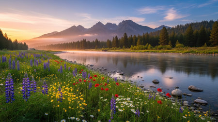 A picturesque landscape displays a flowing river, framed by vibrant wildflowers along the bank. The backdrop features majestic mountains under a soft, golden sunset. The artwork showcases a tranquil environment, suitable for diverse uses from travel promotion to illustrative design.の素材