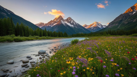 A tranquil landscape depicts a river winding through a vibrant meadow, with towering mountains in the background. The scene features lush greenery, colorful wildflowers, and a clear blue sky. This composition utilizes natural light and a wide-angle perspective, suitable for a variety of editorial and commercial applications.の素材