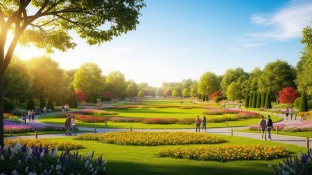 An inviting outdoor landscape showcases a vibrant park scene, filled with lush green lawns and colorful flower beds. The composition highlights pathways that invite exploration beneath a bright sky. Warm sunlight bathes the scene, suggesting a pleasant day. Suitable for various commercial and editorial applications.の素材