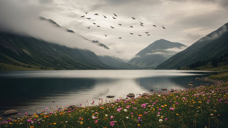 A tranquil landscape depicts a lake framed by mountain ranges. Birds fly in formation against a cloudy sky. The scene features a mix of greens and blues, with soft lighting and a reflective water surface. This image could be suitable for environmental, travel, or artistic projects.の素材