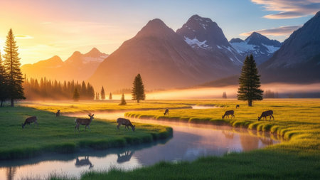 A serene landscape depicts a river meandering through a vibrant green meadow. Several deer graze peacefully in the foreground. The scene is bathed in the warm, golden light of sunset. Mountains rise majestically in the distance, while trees add depth to the expansive vista. This image could be utilized in various commercial or editorial projects.の素材
