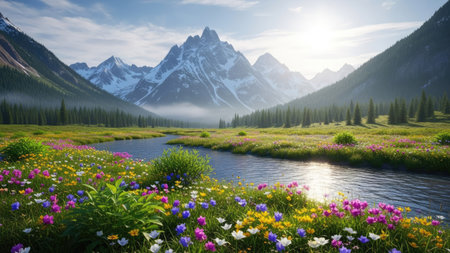 A landscape displays a serene river meandering through a vibrant meadow filled with wildflowers. Majestic mountains form a backdrop, their peaks touching a bright sky. The scene is bathed in sunlight, creating soft lighting that enhances the colors of the environment. The image is suitable for various commercial uses, including promotional and artistic projects.の素材
