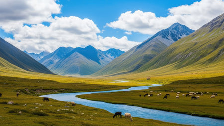 A vibrant landscape depicts a river meandering through a valley surrounded by majestic mountains. The scene is bathed in sunlight, highlighting lush green grasslands and a clear blue sky dotted with puffy white clouds. This natural vista could be used for various projects related to travel, environment, or outdoor themes.の素材