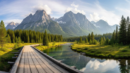 This image showcases a wooden pathway leading towards a mountain range with lush forests and a flowing river. The scene is bathed in sunlight, with vibrant greens and blues. It has a natural composition and could be used for various commercial projects that require imagery of the natural world.の素材