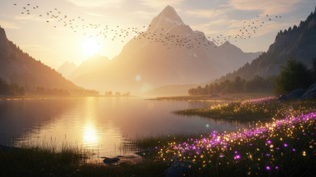 A tranquil landscape depicts a mountain range reflected in a serene lake. The image showcases soft lighting with hues of yellow and purple. A cluster of birds flies overhead, creating a peaceful scene. Suitable for illustrating nature themes, travel features, or artistic projects in a commercial context.の素材
