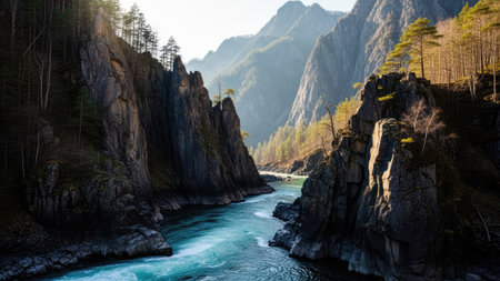 A river carves through a rugged landscape of towering rock formations and dense forests. The image displays a natural composition with varying shades of brown and green, highlighting the textured surfaces. Sunlight illuminates the scene, suggesting an outdoor environment. Suitable for editorial and commercial applications.の素材