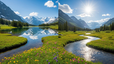 A split image presents a mountain landscape featuring a serene lake and a winding river. Lush green meadows and vibrant wildflowers lead to the water bodies. The scene is illuminated by bright sunlight creating a sense of natural beauty. Suitable for travel, environmental, or lifestyle themes.の素材