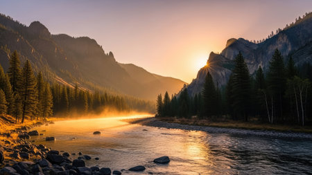 A tranquil landscape featuring a river winding through mountains with evergreen trees. The scene is bathed in warm sunlight, creating a soft, misty atmosphere. The composition includes a balanced arrangement of land and water, suitable for various editorial and commercial applications. The light creates a sense of depth and tranquility.の素材