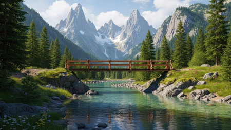 A wooden bridge spans a tranquil river in a mountainous landscape. The scene features lush green trees, rocky terrain, and majestic snow-capped peaks under a clear blue sky. The composition emphasizes natural beauty, with sunlight illuminating the water and creating a sense of peace. Suitable for diverse commercial and editorial applications.の素材