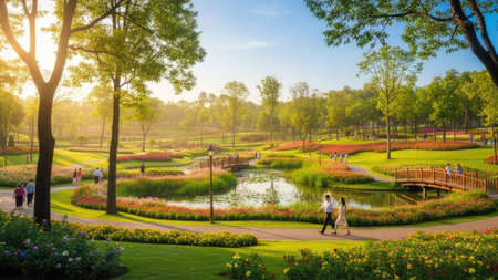 A picturesque outdoor scene depicts a park with lush green grass, vibrant flowers, and a serene pond. Wooden bridges span the water, while trees frame the image, illuminated by warm sunlight. The composition provides an inviting, natural setting potentially suitable for editorial content or promotional materials.の素材