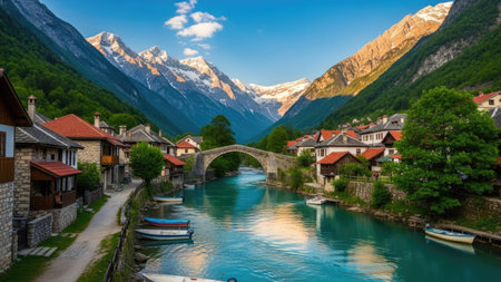 A picturesque mountain village is depicted with a flowing river and an arched bridge. The scene showcases vibrant colors, including turquoise water and houses with red rooftops. The composition features a natural outdoor environment with a view of snow-capped mountains and lush greenery, suitable for various editorial and commercial applications.の素材