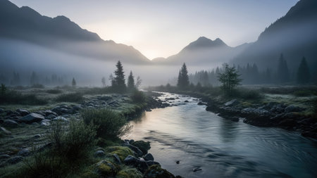 A tranquil river meanders through a valley surrounded by towering mountains, shrouded in a soft, ethereal mist. The scene is illuminated by diffused light, suggesting early morning or late evening. The composition evokes a sense of peace and natural beauty, suitable for editorial and commercial use.の素材