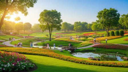 This image showcases a meticulously landscaped park, featuring lush green lawns, mature trees, and colorful flowerbeds. The composition is bright and inviting, bathed in warm sunlight. The image could be used for various commercial purposes, including marketing materials and editorial content, and it is suitable for print and digital applications.の素材