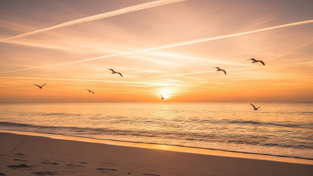 Seagulls soar over a tranquil beach scene at sunrise. The image features a vibrant color palette of gold and orange hues illuminating the sky. Gentle sunlight reflects on the water's surface. This image is suitable for a variety of uses including travel, nature, or environmental projects.の素材