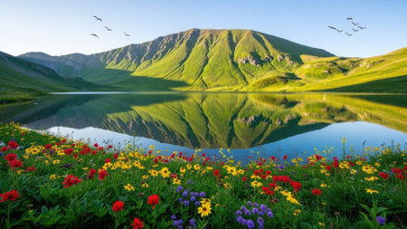 A vibrant mountain landscape showcases a calm lake mirroring the surrounding hills and sky. Colorful wildflowers bloom in the foreground, while a flock of birds flies overhead. The scene is bathed in sunlight, highlighting the lush green vegetation and clear water. Suitable for various editorial and commercial applications.の素材