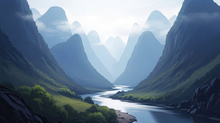 An illustration depicts a tranquil mountain landscape with a river carving its way through a valley. The artwork utilizes a soft color palette of blues and greens, creating a sense of depth and tranquility. The composition and lighting evokes a sense of peace, suitable for commercial projects or editorial use.の素材