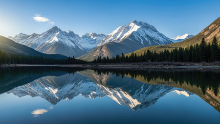 This image showcases a stunning landscape with majestic snow-covered mountains reflected in a calm lake. The scene is bathed in sunlight, with a clear blue sky providing a vibrant backdrop. The composition is balanced, and the natural colors are rich. This imagery could be used for various commercial or editorial projects.の素材