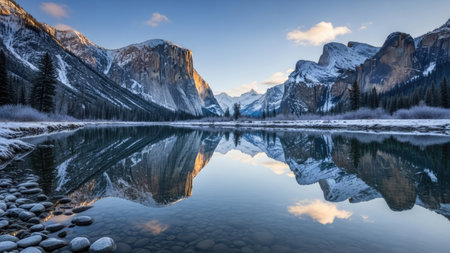 A scenic landscape showcases snow-covered mountains reflected in calm water. The composition features a symmetrical view with clear reflections and soft textures, bathed in cool tones. The environment suggests an outdoor setting during daylight. This image can be used for various projects including environmental themes.の素材