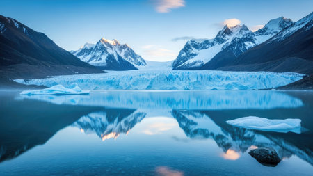 A scenic landscape showcases snow-covered mountains reflected in a serene lake. The image features blue and white hues with visible textures. The composition offers a panoramic view with soft lighting, suggesting an outdoor environment. Potential uses include nature-related articles and travel publications.の素材