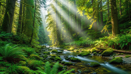 A tranquil forest scene showcases a winding river under shafts of sunlight. The image reveals vibrant green foliage, moss-covered rocks, and tall trees. Atmospheric perspective and warm light contribute to the calming composition. Suitable for environmental themes, nature illustrations, or commercial applications.の素材
