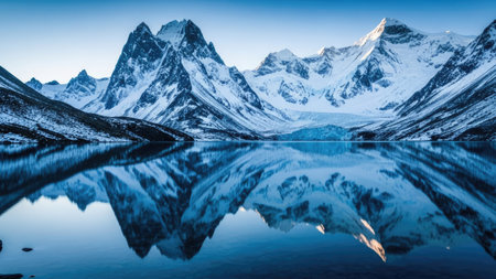 A scenic landscape showcases snow-covered mountain peaks mirrored in a serene lake. The composition displays a vivid display of colors, featuring blues and whites. This image evokes a sense of tranquility. It is suitable for various commercial uses, including travel promotions and nature-themed projects.の素材