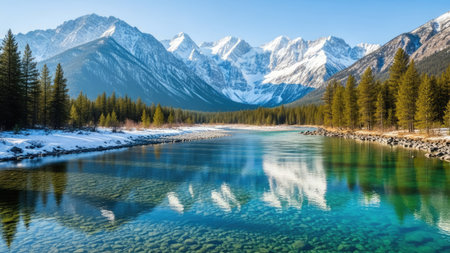 A tranquil scene features snow-covered mountains reflected in a calm river. Lush evergreen trees line the banks, contrasting with the blue sky. The composition emphasizes natural beauty with vibrant colors, and clear water. Suitable for various editorial or commercial projects.の素材