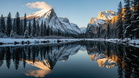 A majestic mountain range dominates the scene, its peaks covered in snow. The clear water reflects the mountains and sky, creating a symmetrical composition. The colors are predominantly blue, white, and brown. This image evokes feelings of tranquility and could be used for travel, nature, or environmental projects.の素材