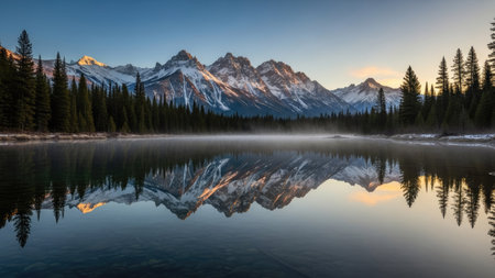 A tranquil landscape depicts snow-covered mountains reflected in a calm lake. Evergreen trees frame the scene, with soft sunlight illuminating the peaks and water. This image showcases a natural environment. Suitable for travel, nature, or environmental projects, and has commercial applications.の素材
