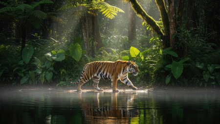 A tiger walks gracefully through a dense, green forest setting, its reflection visible in the calm water. The scene is illuminated by sunlight filtering through the foliage, creating a dramatic interplay of light and shadow. This image could be used for various commercial or editorial purposes related to nature and wildlife.の素材