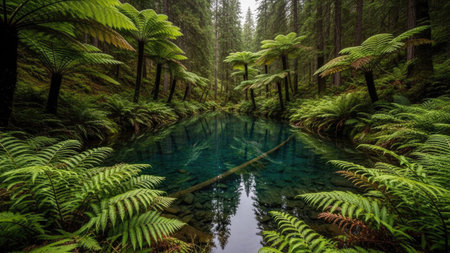 A vibrant image depicts a serene forest scene with a calm lake reflecting the surrounding greenery. Lush ferns and various trees dominate, displaying shades of green. The composition highlights a natural environment with bright lighting. Suitable for nature-themed projects, environmental initiatives, or creative media.の素材