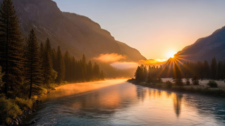 A picturesque landscape displays a river flowing through a valley, flanked by mountains and trees. The sun is rising, casting a warm golden glow. The scene features natural elements. Suitable for use in visual content and general editorial or promotional materials.の素材